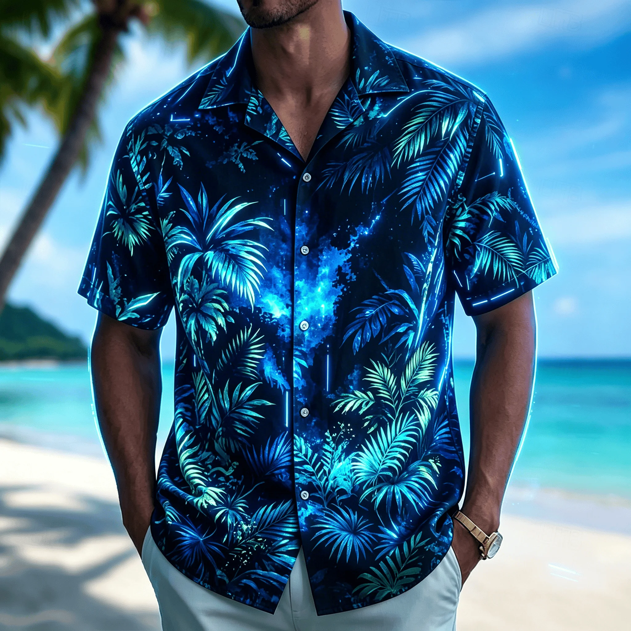 Men's Neon Tropical Palm Print Short Sleeve Shirt, Casual Hawaiian Button Down Top, Galaxy Night Vibes for Spring & Summer
Men's Neon Tropical Palm Print Short Sleeve Shirt, Casual Hawaiian Button Down Top, Galaxy Night Vibes for Spring & Summer