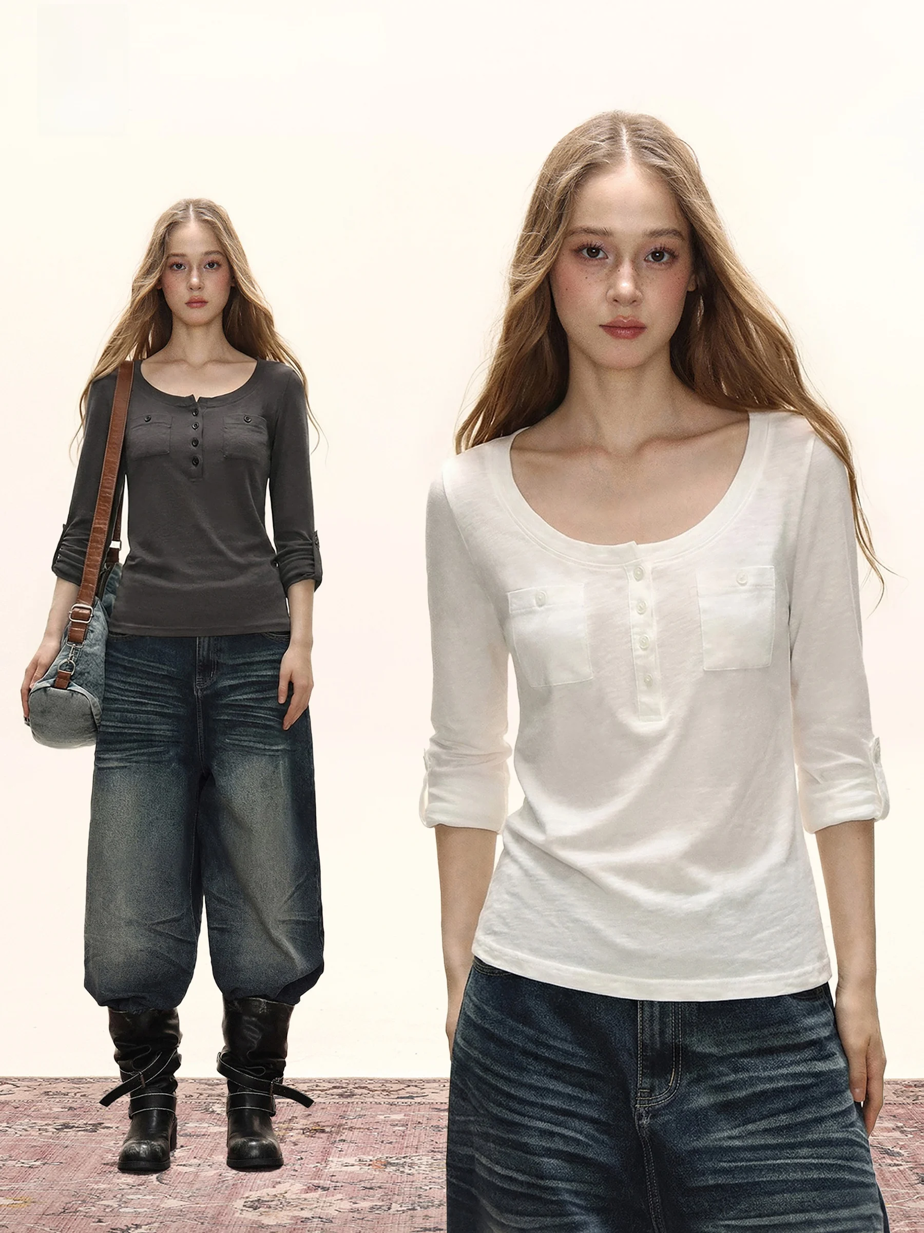 White Henry Collar Long Sleeve Base Shirt Women's Spring Summer Hot Girl U-neck Double Pocket T-shirt Inner Wear Top
White Henry Collar Long Sleeve Base Shirt Women's Spring Summer Hot Girl U-neck Double Pocket T-shirt Inner Wear Top