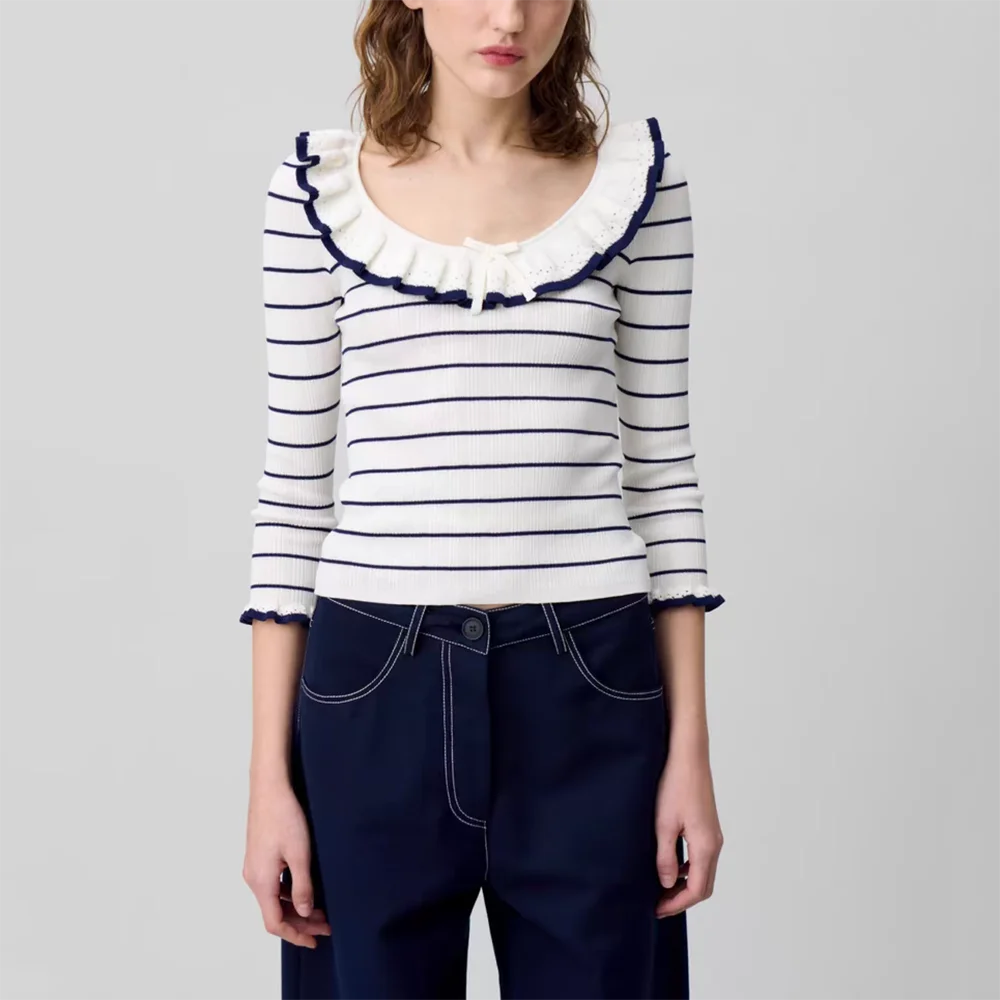 Bow Tie Embellished Cotton Blend Women's T-Shirt Y2k Ruffle Stripe Round Neck Long Sleeve Tees Knit Tops Spring 2025 New
Bow Tie Embellished Cotton Blend Women's T-Shirt Y2k Ruffle Stripe Round Neck Long Sleeve Tees Knit Tops Spring 2025 New
