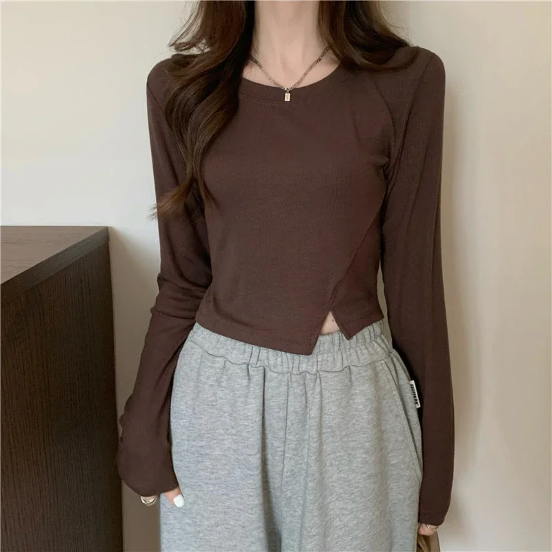 Новая весенняя модная футболка Y2K, женская винтажная футболка с длинным рукавом, женский базовый однотонный укороченный топ, женская однотонная сексуальная одежда, футболка 
Новая весенняя модная футболка Y2K, женская винтажная футболка с длинным рукавом, женский базовый однотонный укороченный топ, женская однотонная сексуальная одежда, футболка