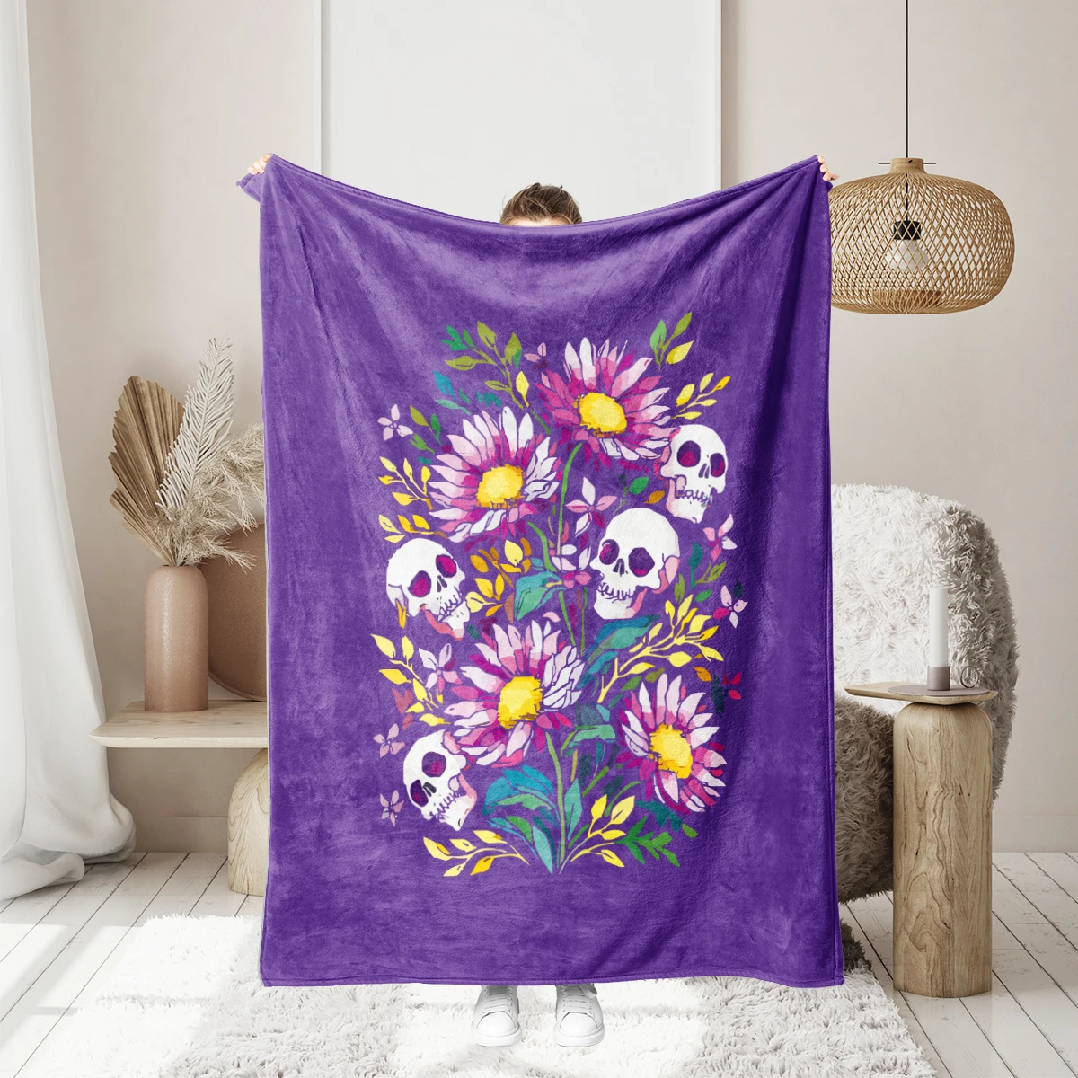 1PC purple floral and skull pattern printed blanket, suitable for sofas, beds, travel, camping chairs, warm plush blanket
1PC purple floral and skull pattern printed blanket, suitable for sofas, beds, travel, camping chairs, warm plush blanket