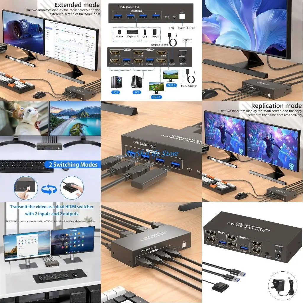 E65E Double Screen HDTV Switches Box Space Efficient Vertical Stacking USB3 Data Hubs For Office Setups