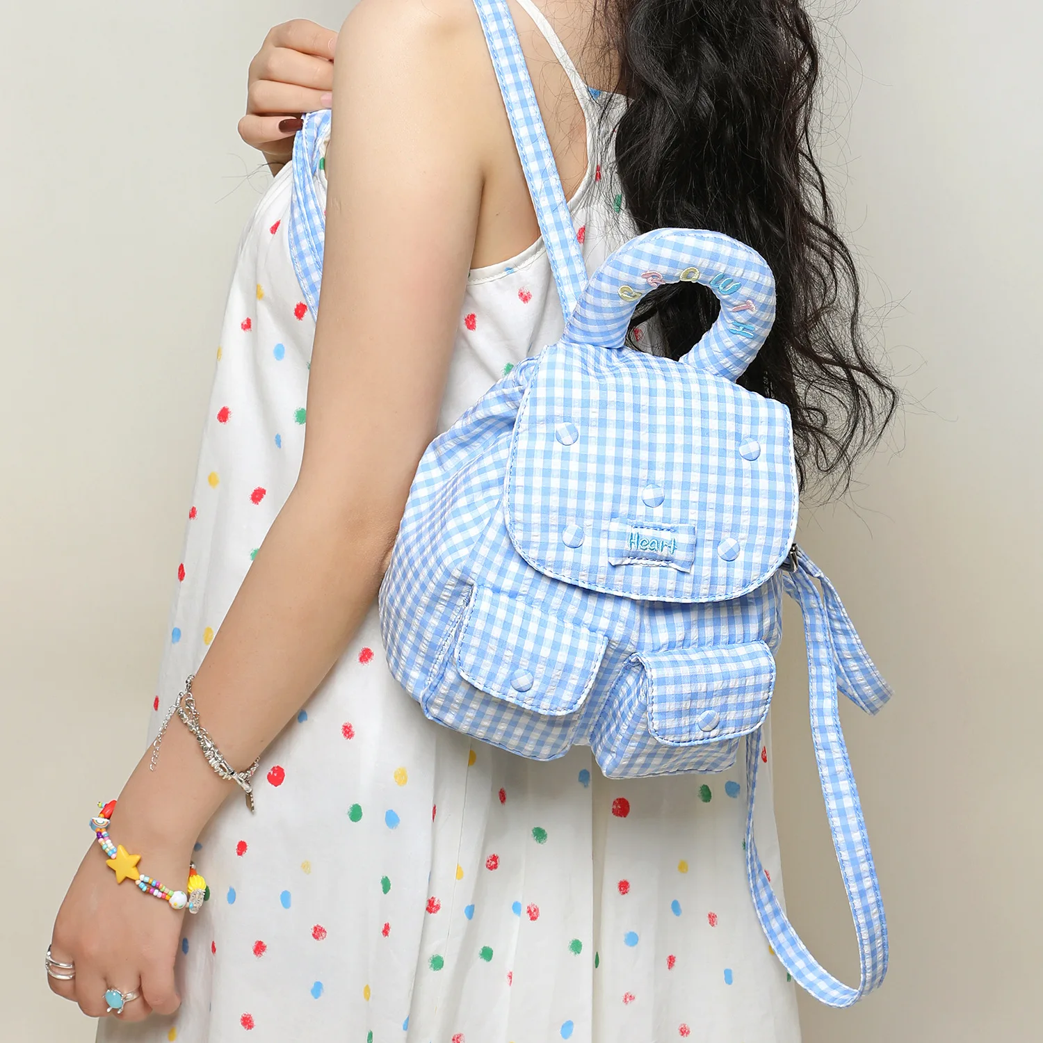 Blue check polyester double-shoulder bag, check pattern, lightweight drawstring small backpack, cute student schoolbag
Blue check polyester double-shoulder bag, check pattern, lightweight drawstring small backpack, cute student schoolbag