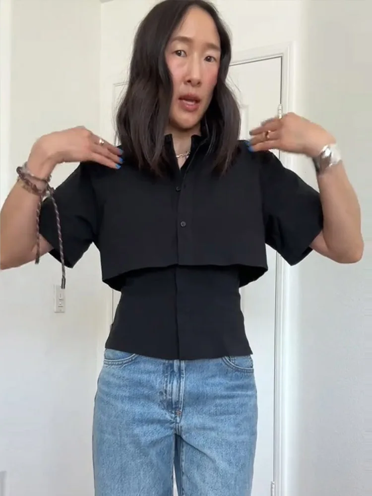 Лоскутная рубашка с короткими рукавами и лацканами, женская элегантная однобортная тонкая блузка с отложным воротником, модные женские топы для поездок на работу, новинка
Лоскутная рубашка с короткими рукавами и лацканами, женская элегантная однобортная тонкая блузка с отложным воротником, модные женские топы для поездок на работу, новинка