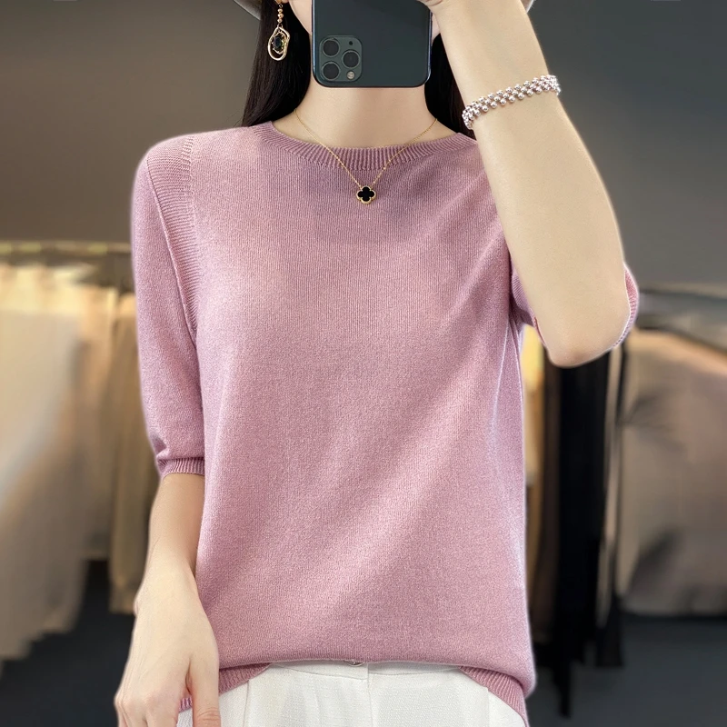 Woven wool T-shirt for women's casual solid color pullover short sleeved loose round neck knitted Tees summer Jumper basic Tops
Woven wool T-shirt for women's casual solid color pullover short sleeved loose round neck knitted Tees summer Jumper basic Tops