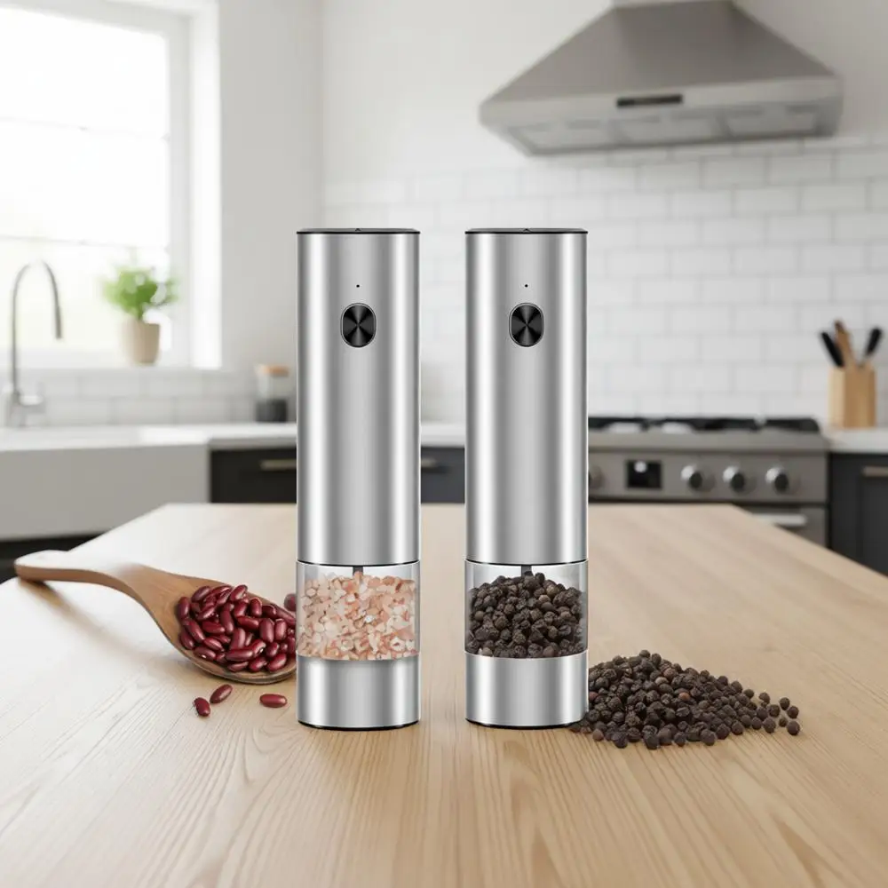 Stainless Steel Electric Pepper Grinder & Salt Mill Set - Battery Operated One-Hand Operation Adjustable Coarseness LED Light Tr
Stainless Steel Electric Pepper Grinder & Salt Mill Set - Battery Operated One-Hand Operation Adjustable Coarseness LED Light Tr
