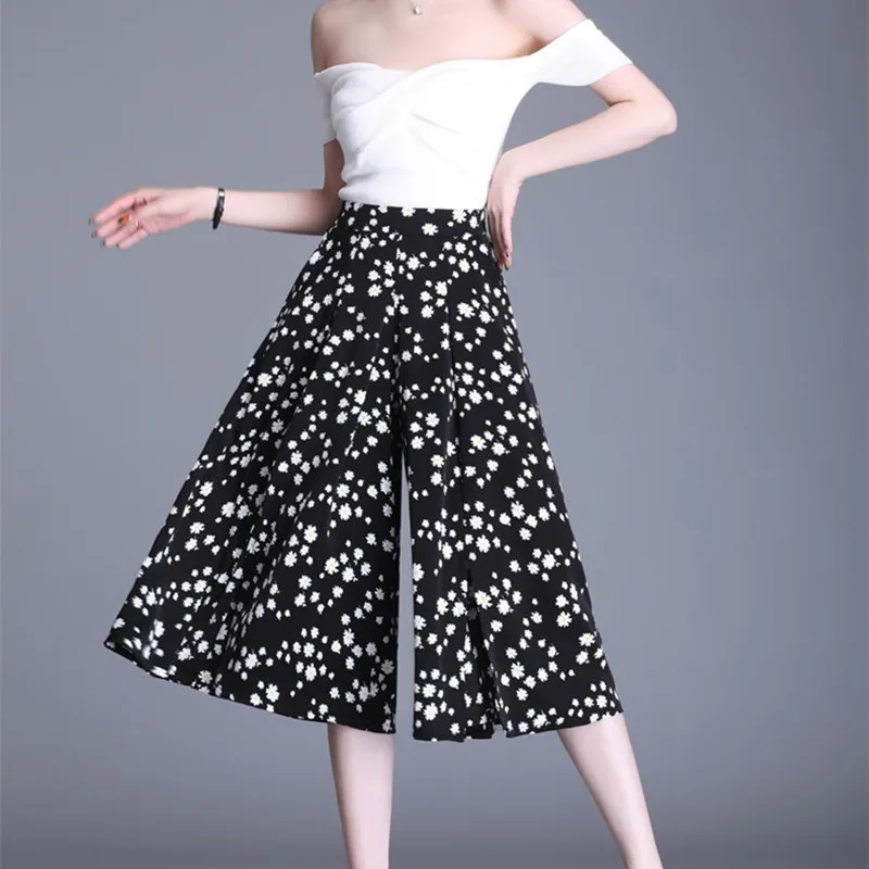 

2024 Women's Summer New Patchwork Elastic High Waisted Pocket Print Chiffon Slimming Loose Casual Cropped Slim Pants Skirt