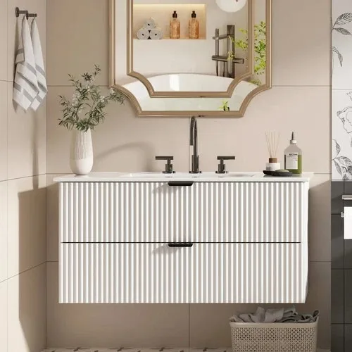 Modern White Floating Bathroom Vanity Cabinet with Mirror & Complete Faucet Set
Modern White Floating Bathroom Vanity Cabinet with Mirror & Complete Faucet Set