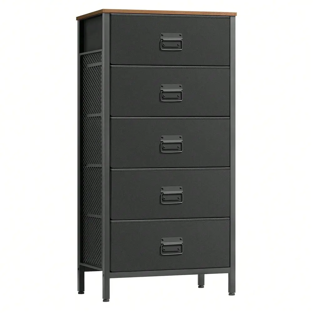 Dresser For Bedroom, Storage Organizer Unit With 5 Fabric, Chest, Steel Frame, For Living Room, Entryway, Rustic Brown And Black
Dresser For Bedroom, Storage Organizer Unit With 5 Fabric, Chest, Steel Frame, For Living Room, Entryway, Rustic Brown And Black