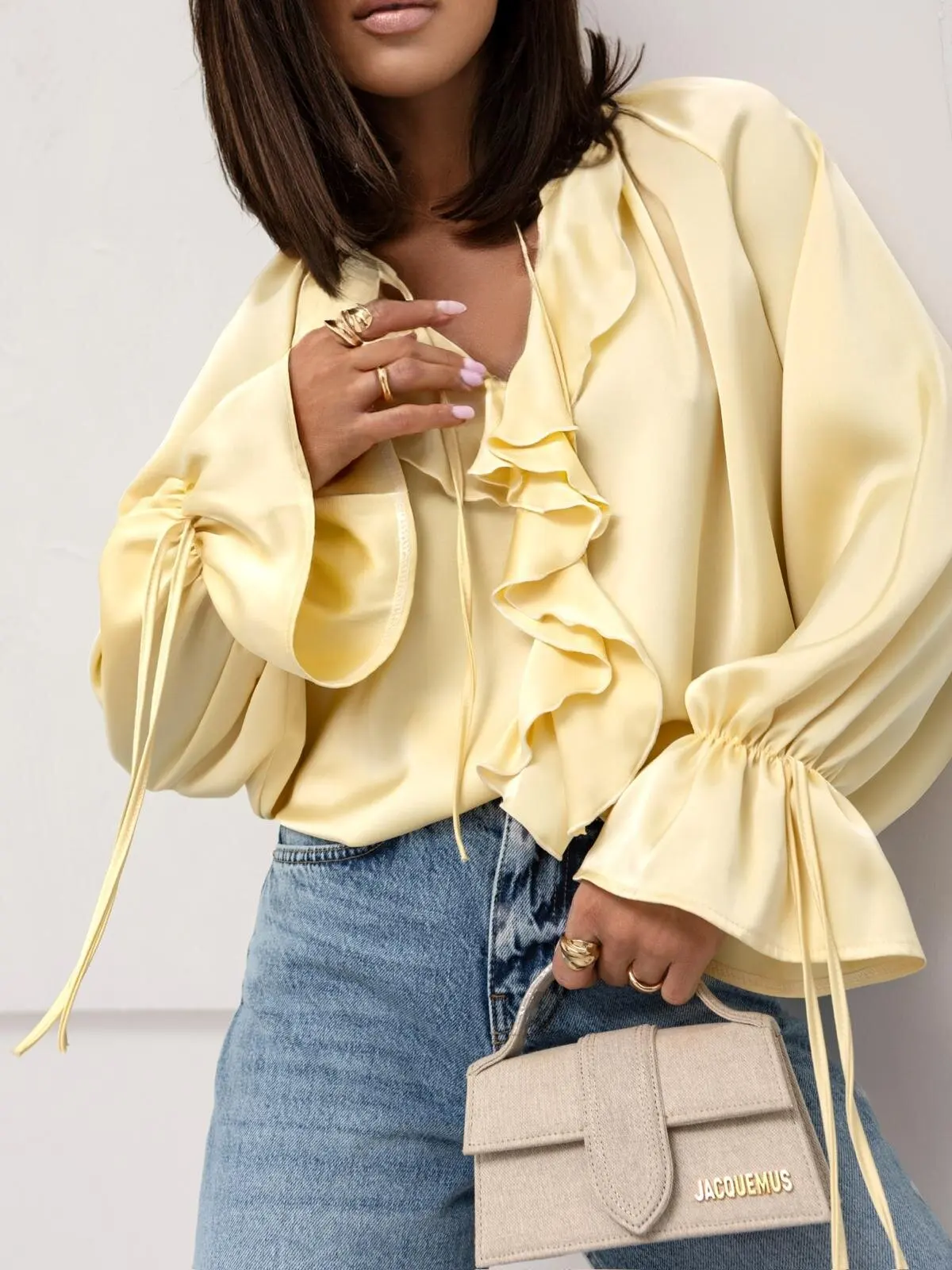 Tie Neck Ruffle Front Satin Blouse Women Long Sleeve Flare Cuff Top
Tie Neck Ruffle Front Satin Blouse Women Long Sleeve Flare Cuff Top