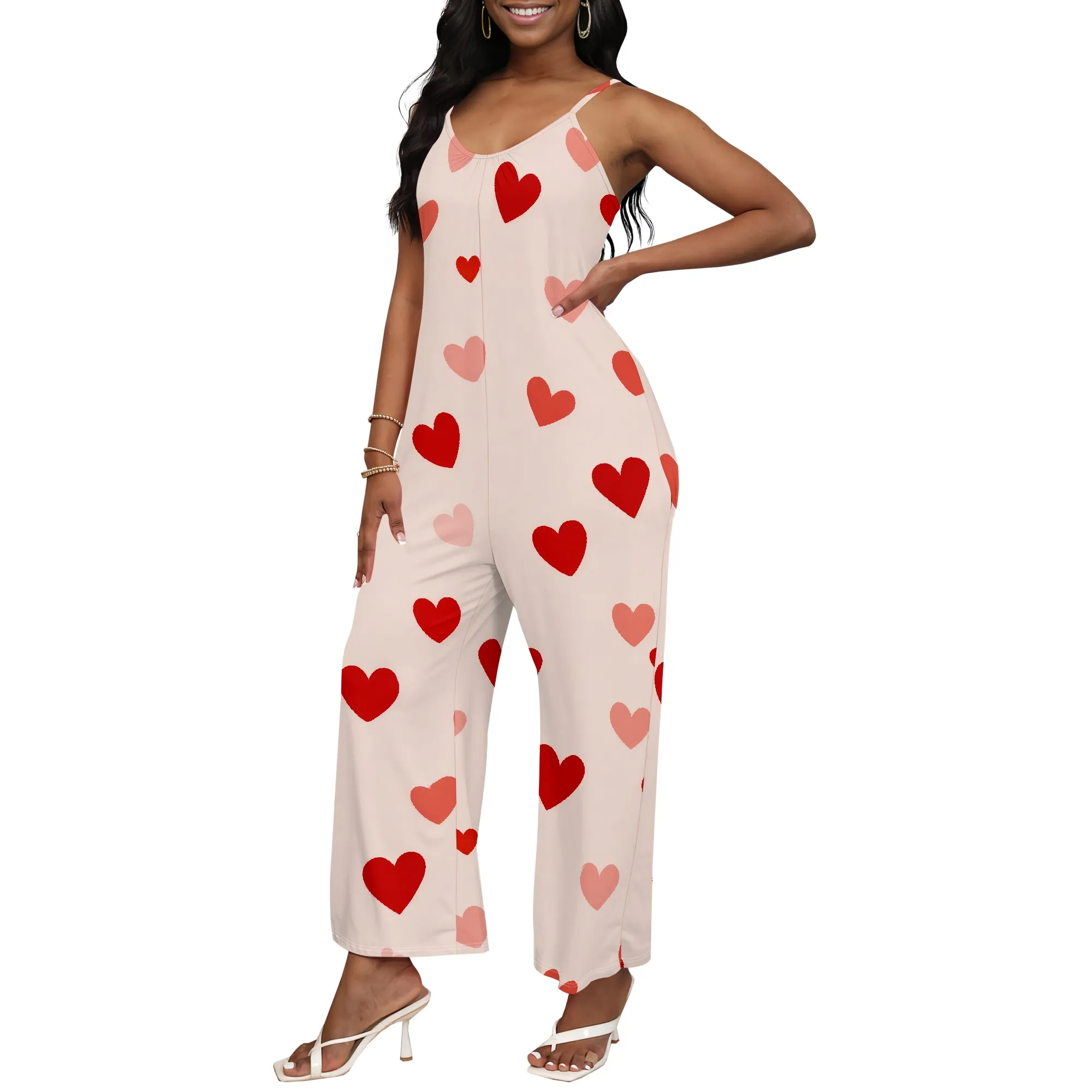 Women's sleeveless elegant one-piece pants with printed shoulder straps and a fashionable style featuring pockets
Women's sleeveless elegant one-piece pants with printed shoulder straps and a fashionable style featuring pockets