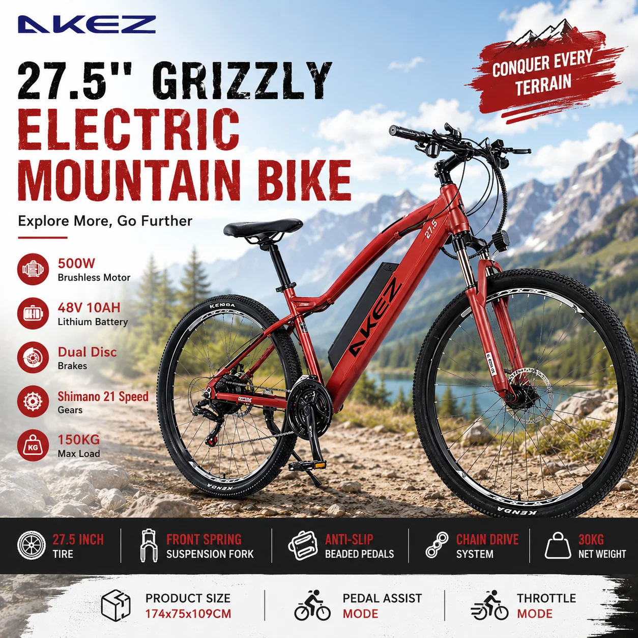 E-Bike AKEZ 500W Electric Bicycle 27.5 Inch Mountain E-Bike Shimano 21 Speed 48V 10Ah Lithium Battery Dual Disc Brakes
E-Bike AKEZ 500W Electric Bicycle 27.5 Inch Mountain E-Bike Shimano 21 Speed 48V 10Ah Lithium Battery Dual Disc Brakes