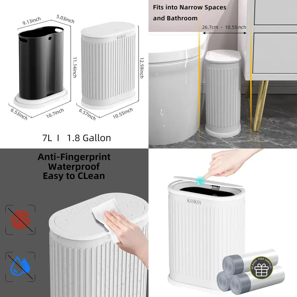 Compact White 1.8 Gallon Bathroom Trash Bin with Lid, Slim Design, Removable Liner, Pop-Up Lid for Home Use
Compact White 1.8 Gallon Bathroom Trash Bin with Lid, Slim Design, Removable Liner, Pop-Up Lid for Home Use