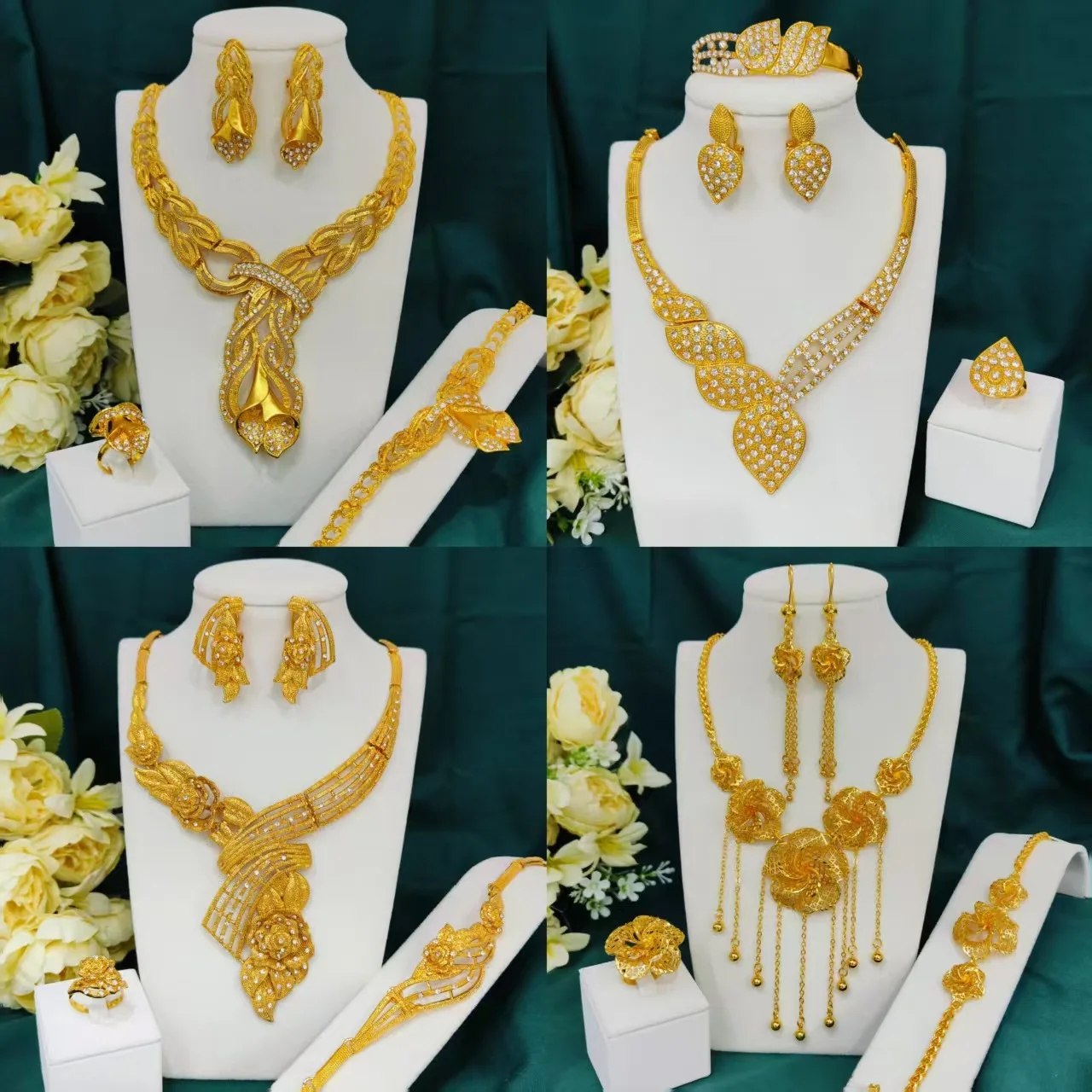 2025 Dubai 24k gold-plated flower hollow jewelry set Copper Alloy Jewelry necklace earrings bracelet ring Middle East jewelry
2025 Dubai 24k gold-plated flower hollow jewelry set Copper Alloy Jewelry necklace earrings bracelet ring Middle East jewelry