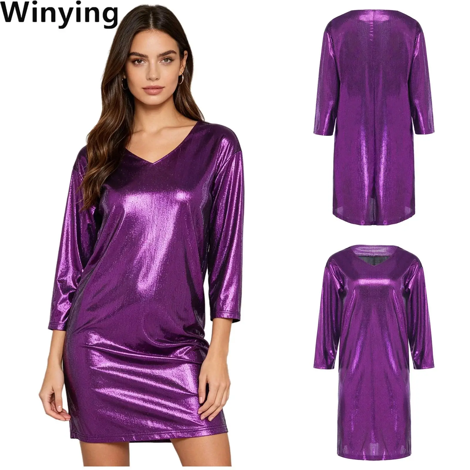Women Metallic Shiny Pullover Long T-shirt Dress 3/4 Sleeve Side Pockets Split Hem Loose Fitting Shirt Dress for Club Rave Party
Women Metallic Shiny Pullover Long T-shirt Dress 3/4 Sleeve Side Pockets Split Hem Loose Fitting Shirt Dress for Club Rave Party