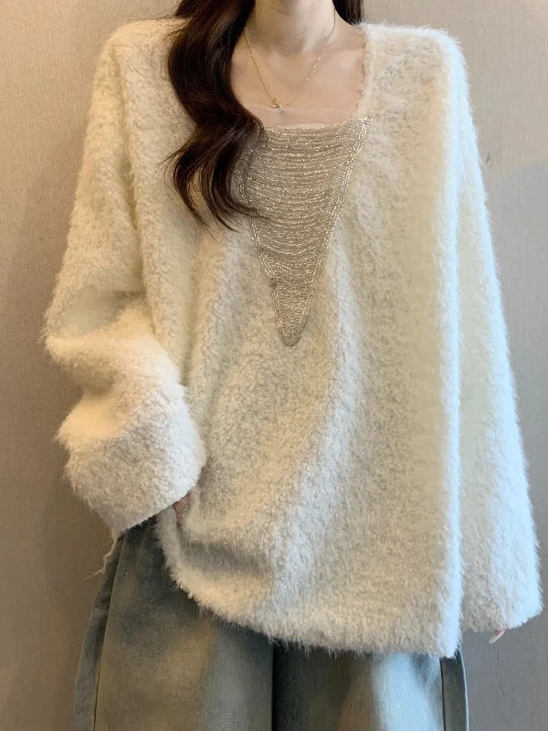 Glittering Bead V-Neck Shoulder-Length Mink Sweater Women's plus Size Early Spring New Style Commute Fashion Loose Fit
Glittering Bead V-Neck Shoulder-Length Mink Sweater Women's plus Size Early Spring New Style Commute Fashion Loose Fit