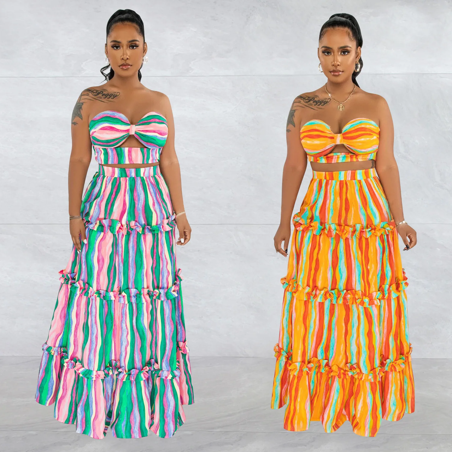 Fashion women's clothing sleeveless tube top striped printed long dress two-piece set simple temperament high-end slim-fit cloth
Fashion women's clothing sleeveless tube top striped printed long dress two-piece set simple temperament high-end slim-fit cloth