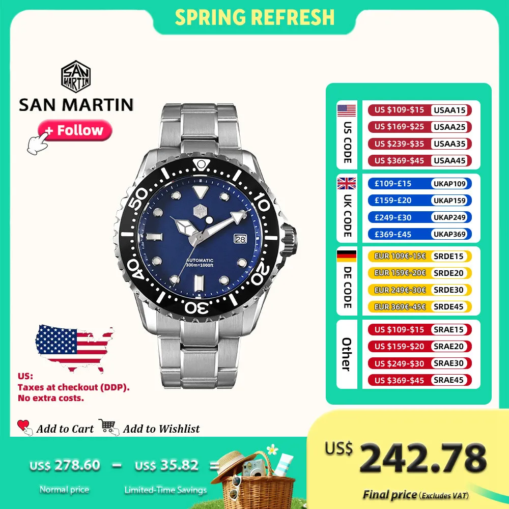 San Martin 44mm Luxury Diver Watch Classic NH35 Automatic Mechanical Watches for Men Sapphire BGW-X1 Waterproof 20Bar SN0009
San Martin 44mm Luxury Diver Watch Classic NH35 Automatic Mechanical Watches for Men Sapphire BGW-X1 Waterproof 20Bar SN0009