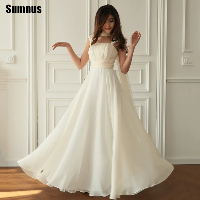 Sumnus Elegant A-Line Evening Dresses Beige Square Collar Pleats Sleeveless Prom Dresses With Scarf vestidos gala Customized
Sumnus Elegant A-Line Evening Dresses Beige Square Collar Pleats Sleeveless Prom Dresses With Scarf vestidos gala Customized