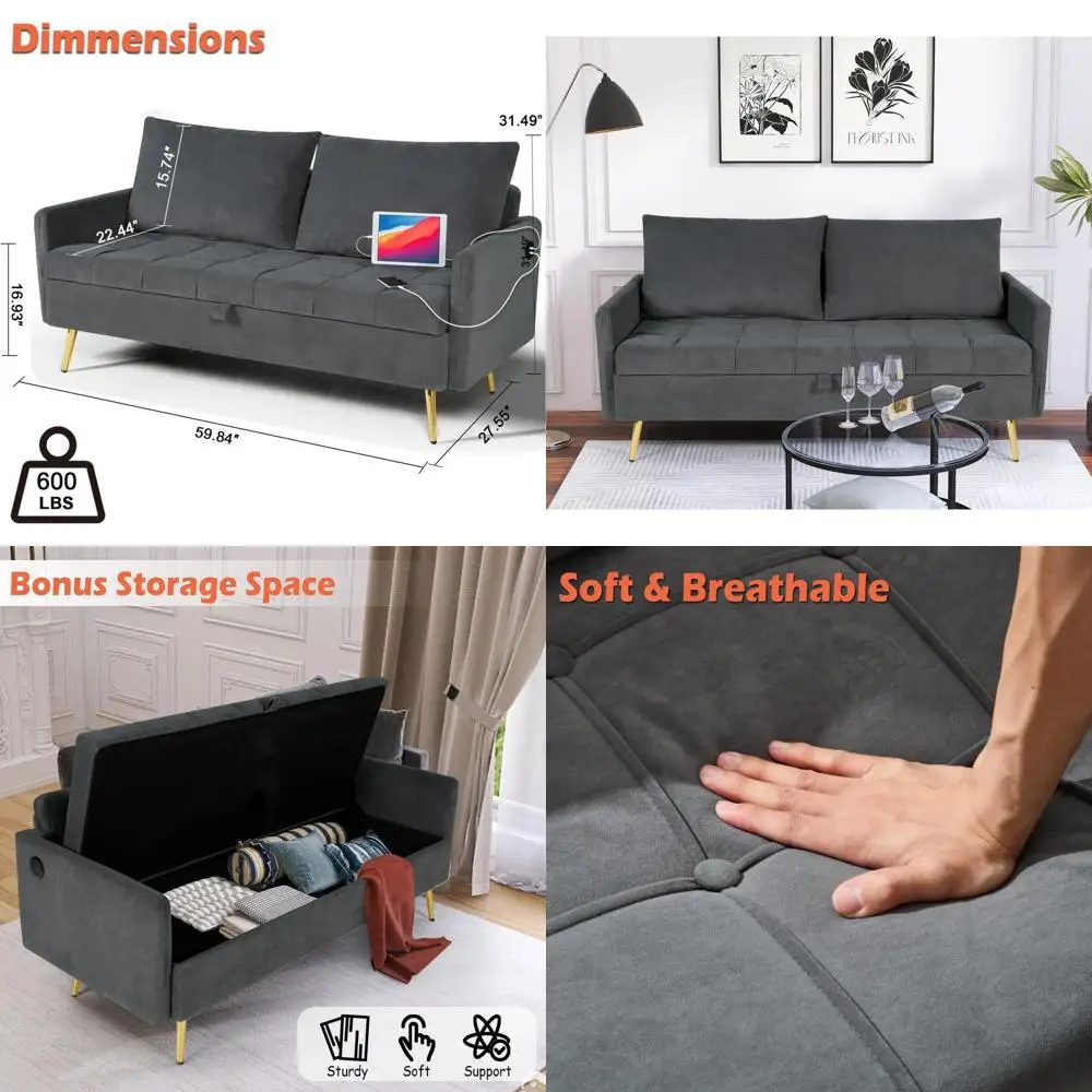 60 Grey Velvet Loveseat Sofa with Storage and USB Ports for Small Spaces
60 Grey Velvet Loveseat Sofa with Storage and USB Ports for Small Spaces