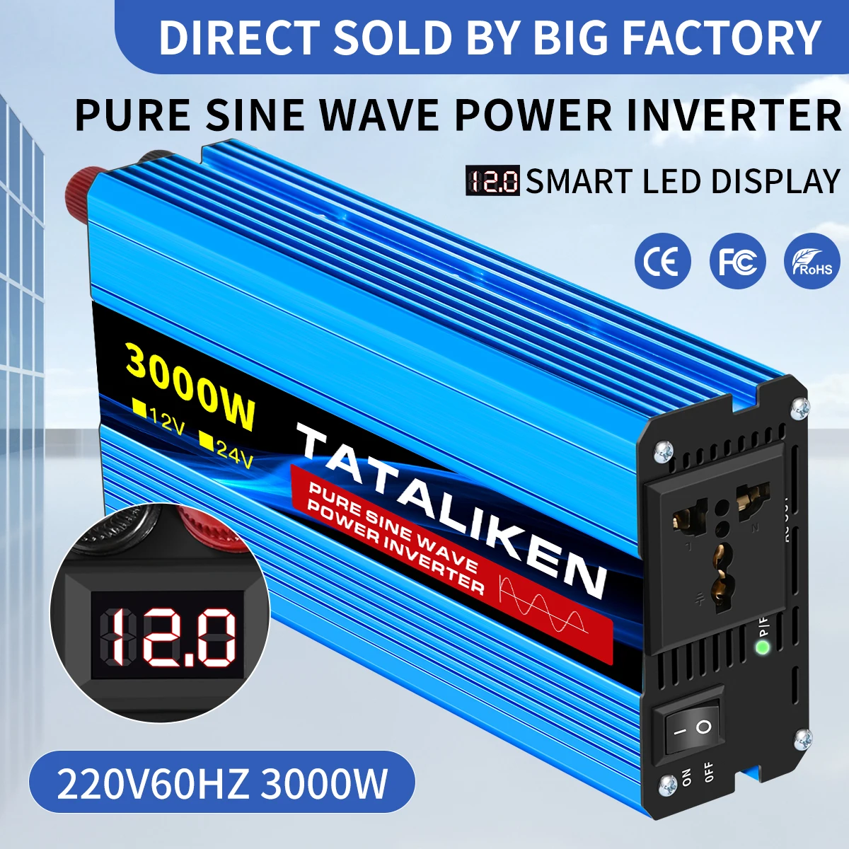Pure Sine Wave Inverter DC 12V/24V to AC 220V60HZ screen 1600-10000w suitable for Car solar High Energy Converter with LED
Pure Sine Wave Inverter DC 12V/24V to AC 220V60HZ screen 1600-10000w suitable for Car solar High Energy Converter with LED