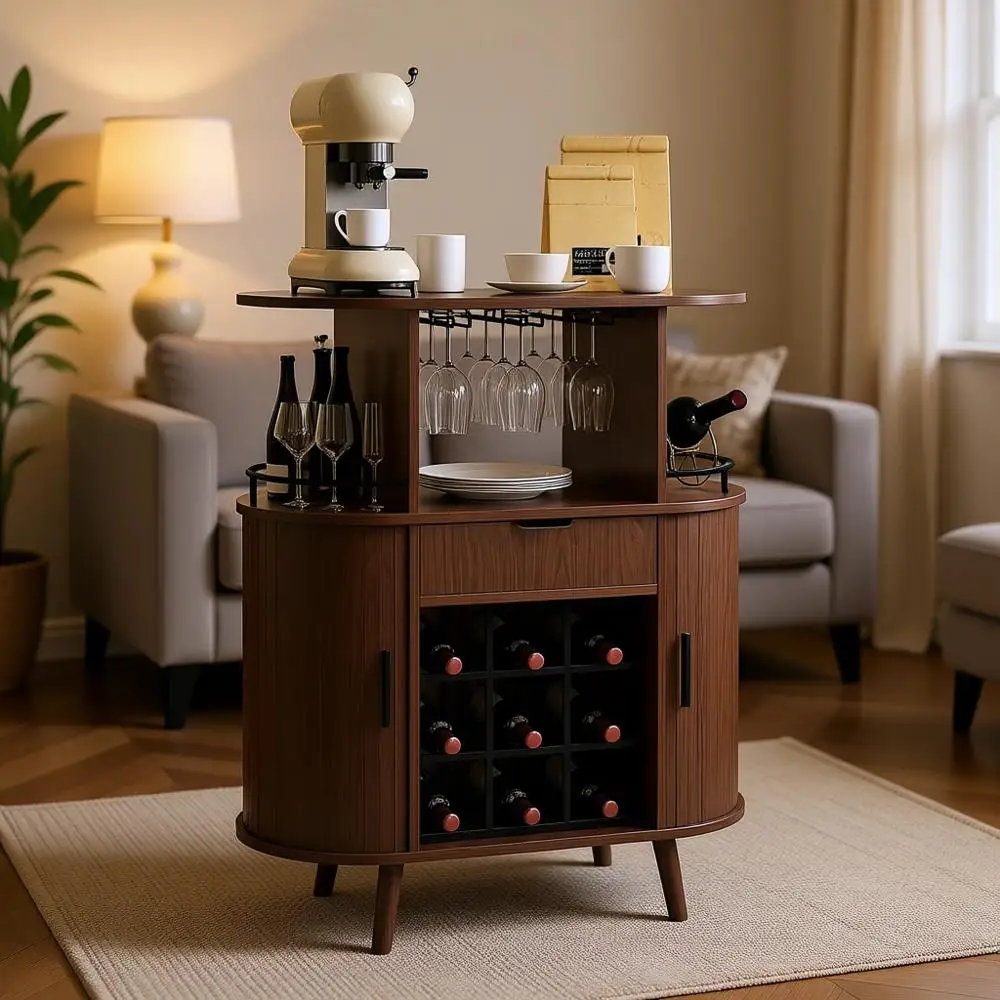 Walnut Liquor Cabinet with Wine Rack, Sliding Doors, and Glass Holder for Kitchen, Living Room, or Entryway
Walnut Liquor Cabinet with Wine Rack, Sliding Doors, and Glass Holder for Kitchen, Living Room, or Entryway