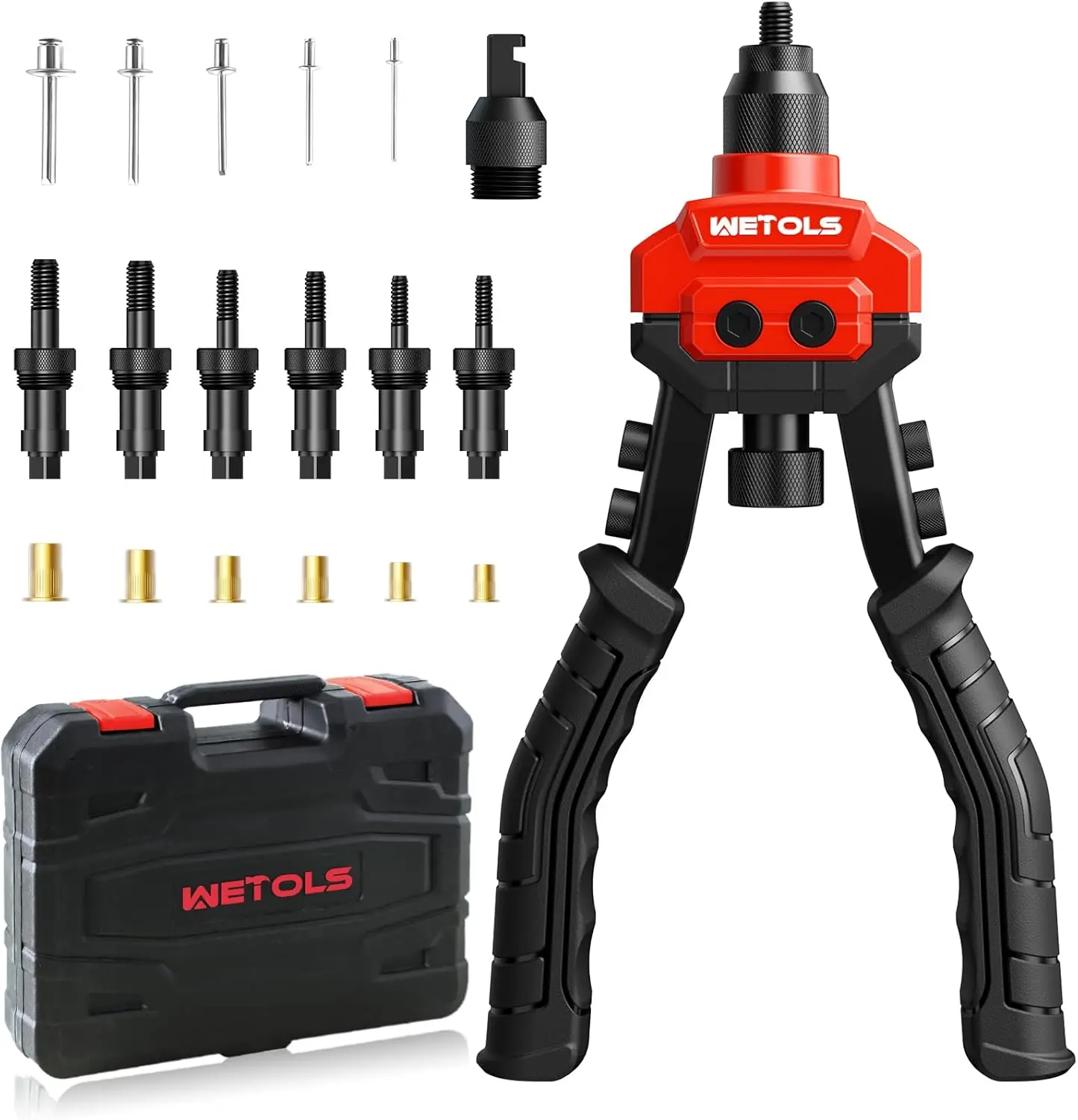 3-in-1 Rivet Nut Tool, Rivet Gun & Reamer Set, 50 Rivets & 60 Rivet Nuts, Hand Riveter Kit with 5 Heads & 6 Mandrels, Sturdy Case
3-in-1 Rivet Nut Tool, Rivet Gun & Reamer Set, 50 Rivets & 60 Rivet Nuts, Hand Riveter Kit with 5 Heads & 6 Mandrels, Sturdy Case
