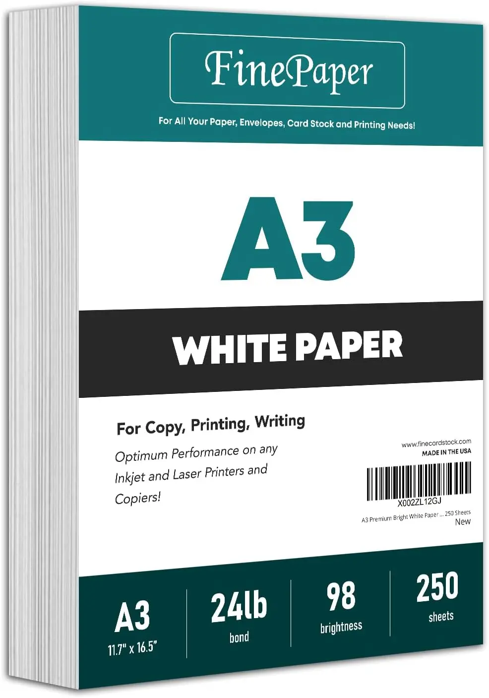 A3 Premium Bright White Paper, 297x420mm (11.7x16.5"), 24lb Bond/90gsm, 250 Sheets
A3 Premium Bright White Paper, 297x420mm (11.7x16.5"), 24lb Bond/90gsm, 250 Sheets