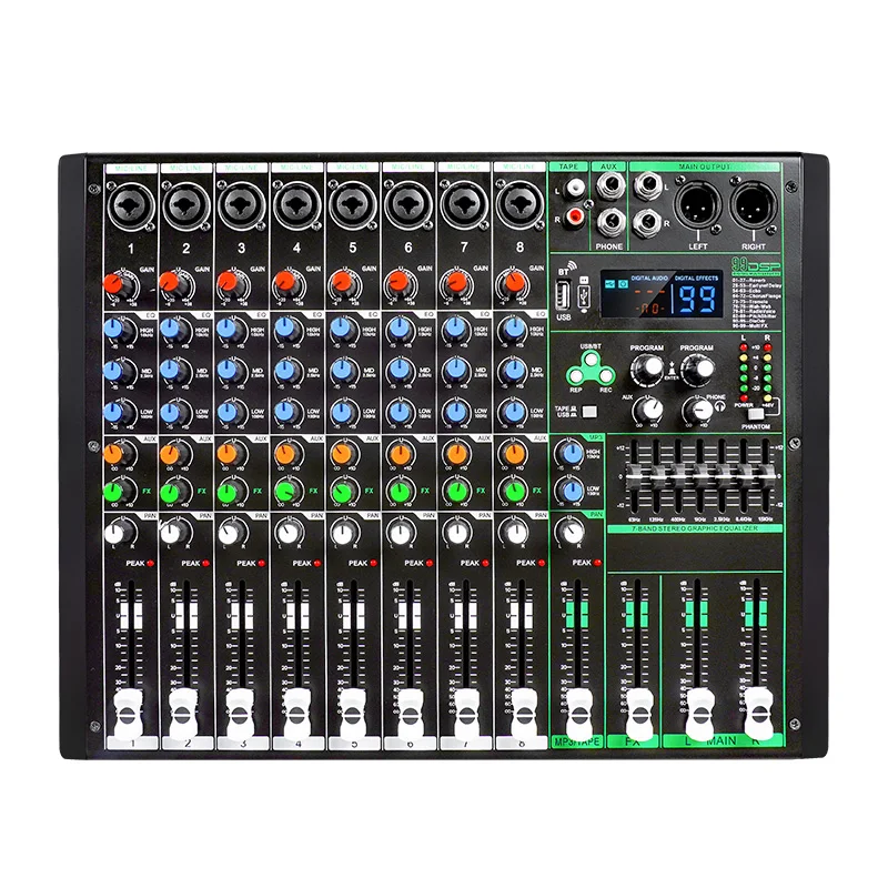 Professional 8-way mixing console small 99 kinds of digital reverb effects KTV home conference performance recording mixing desk
Professional 8-way mixing console small 99 kinds of digital reverb effects KTV home conference performance recording mixing desk