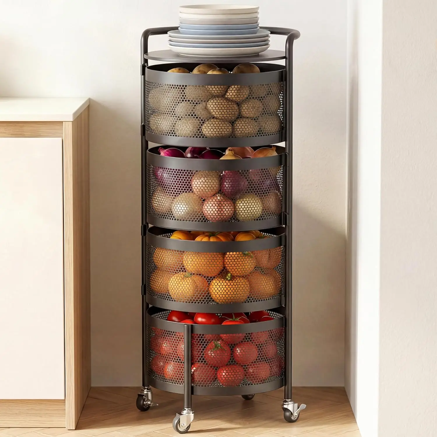 4-Tier Rotating Kitchen Storage Cart with Wheels, No Assembly Metal Vegetable and Fruit Organizer, Black
4-Tier Rotating Kitchen Storage Cart with Wheels, No Assembly Metal Vegetable and Fruit Organizer, Black