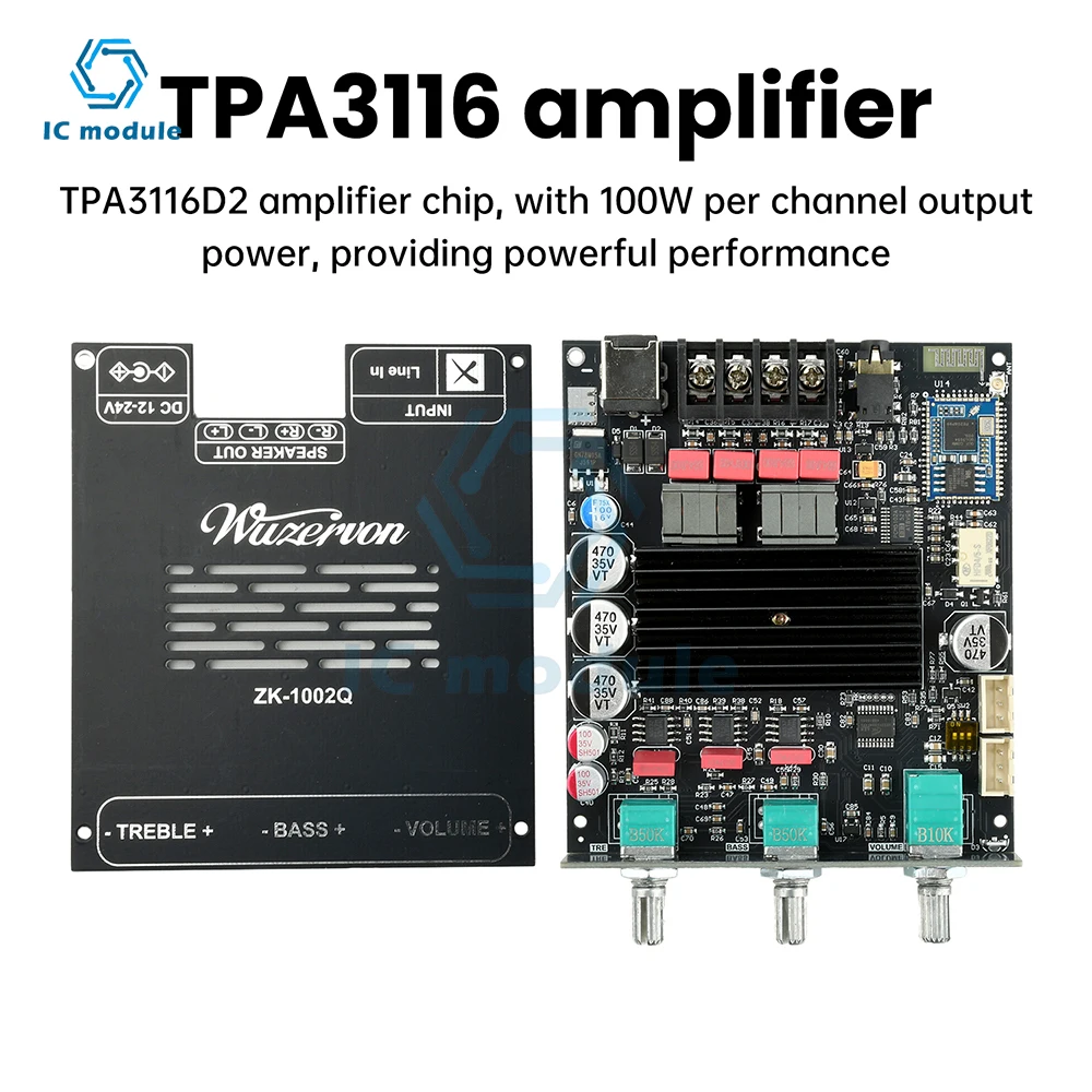 ZK-1002Q Bluetooth Amplifier Board QCC3034 APTX-HD TPA3116D2 Chip 100W+100W 2.0 Channel Lossless Audio Amp Module for Home KTV 
ZK-1002Q Bluetooth Amplifier Board QCC3034 APTX-HD TPA3116D2 Chip 100W+100W 2.0 Channel Lossless Audio Amp Module for Home KTV