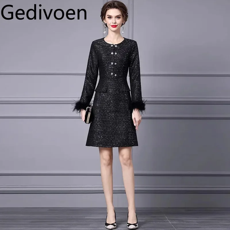 Gedivoen Fashion design Women's Dress Long-Sleeved Feathers Button Sequins Pretty Slim Autumn and winter A-Line Short Dresses
Gedivoen Fashion design Women's Dress Long-Sleeved Feathers Button Sequins Pretty Slim Autumn and winter A-Line Short Dresses
