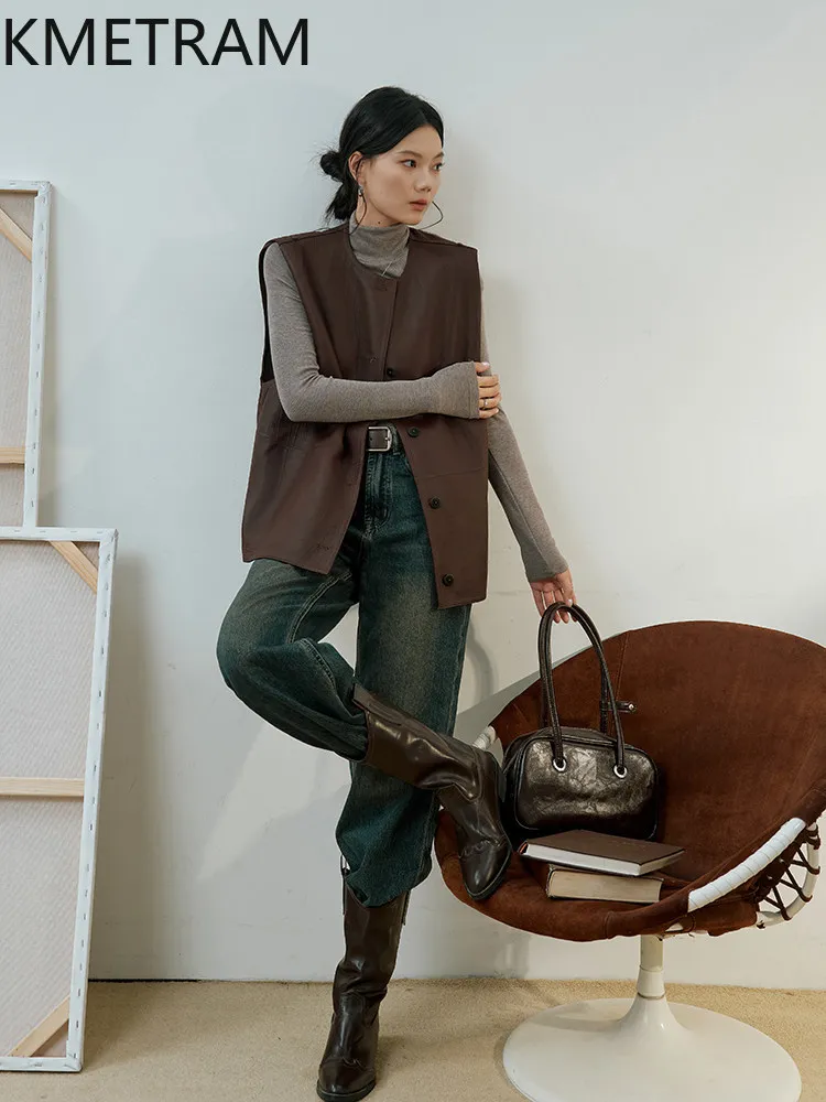 KMETRAM Real Italy Sheepskin Leather Vest Women Reversible Short Coat Sleeveless Real Leather Jackets Woman Clothing Autumn 2026
KMETRAM Real Italy Sheepskin Leather Vest Women Reversible Short Coat Sleeveless Real Leather Jackets Woman Clothing Autumn 2026