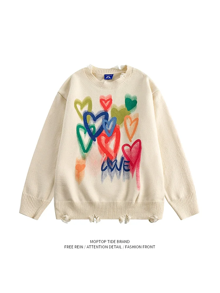 Retro American fiti Heart Hole Knitted Sweater Men's Lazy Sle Loose Couple Match Knitted Top for Youth
Retro American fiti Heart Hole Knitted Sweater Men's Lazy Sle Loose Couple Match Knitted Top for Youth