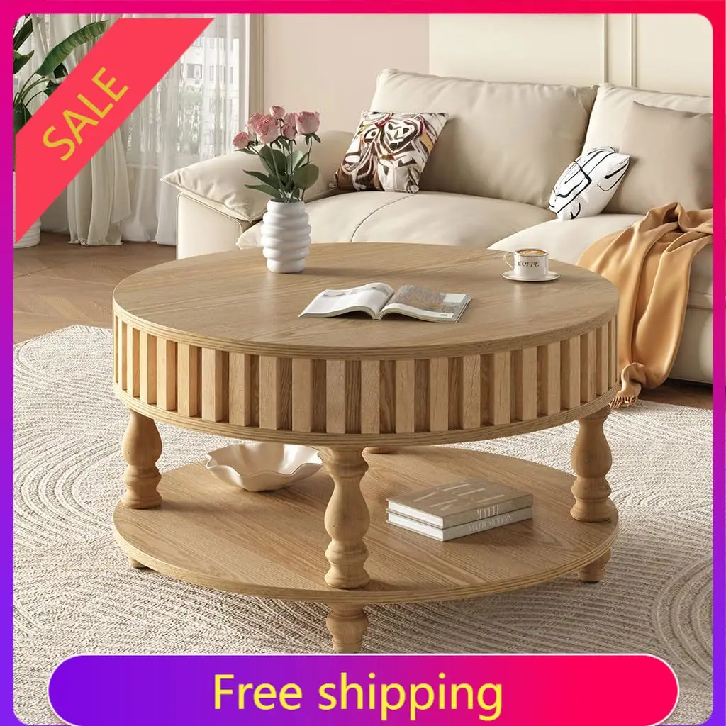 Round Solid Wood Coffee Table with Hidden Storage, 31.5 Inch Circle Center Table with Fluted Base and Lower Shelf, Roman Column
Round Solid Wood Coffee Table with Hidden Storage, 31.5 Inch Circle Center Table with Fluted Base and Lower Shelf, Roman Column