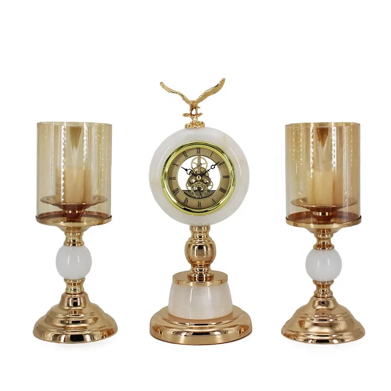 New design light luxury jade clock with metal eagle top ornament glass lid candlestick for desktop decorations
New design light luxury jade clock with metal eagle top ornament glass lid candlestick for desktop decorations