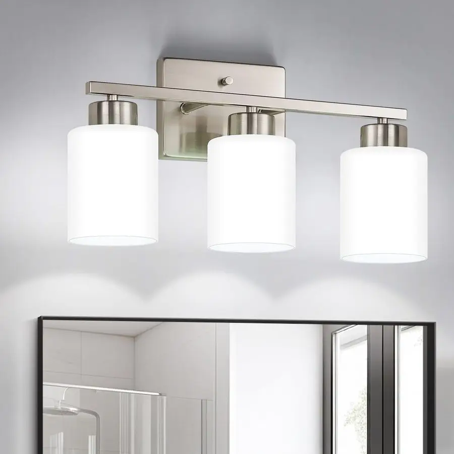 Nickel Bathroom Light Fixtures, 3Light Modern Vanity Light Over Mirror, Wall Sconces with Milky White Frosted Glass Shades, E26
Nickel Bathroom Light Fixtures, 3Light Modern Vanity Light Over Mirror, Wall Sconces with Milky White Frosted Glass Shades, E26