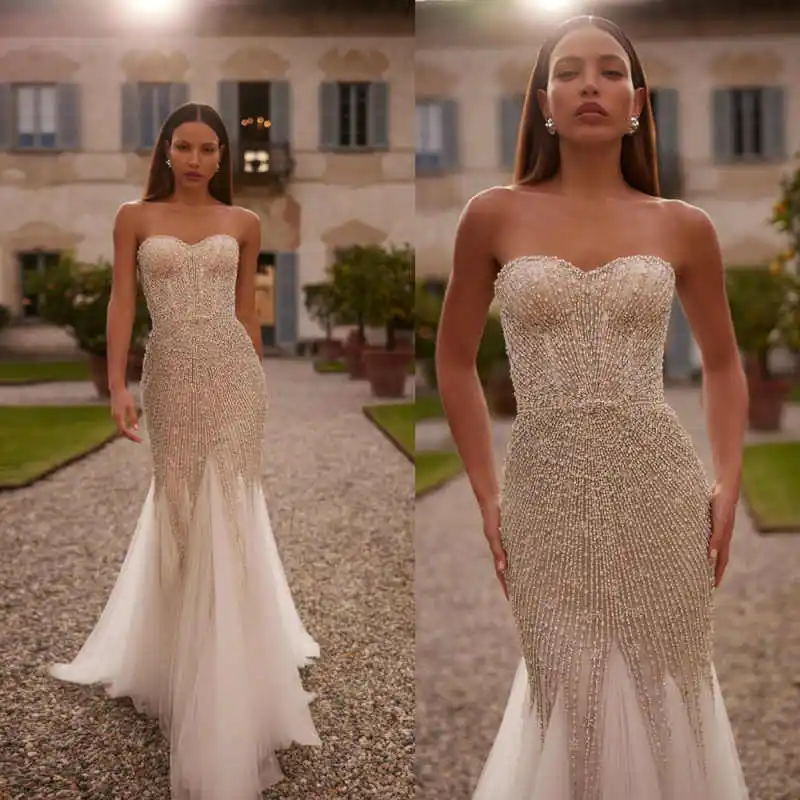 Luxury Wedding Dresses Mermaid Sleeveless Sequined Beaded Crystal Lace Prom Dress Floor-Length Vestido De Noite Customized
Luxury Wedding Dresses Mermaid Sleeveless Sequined Beaded Crystal Lace Prom Dress Floor-Length Vestido De Noite Customized