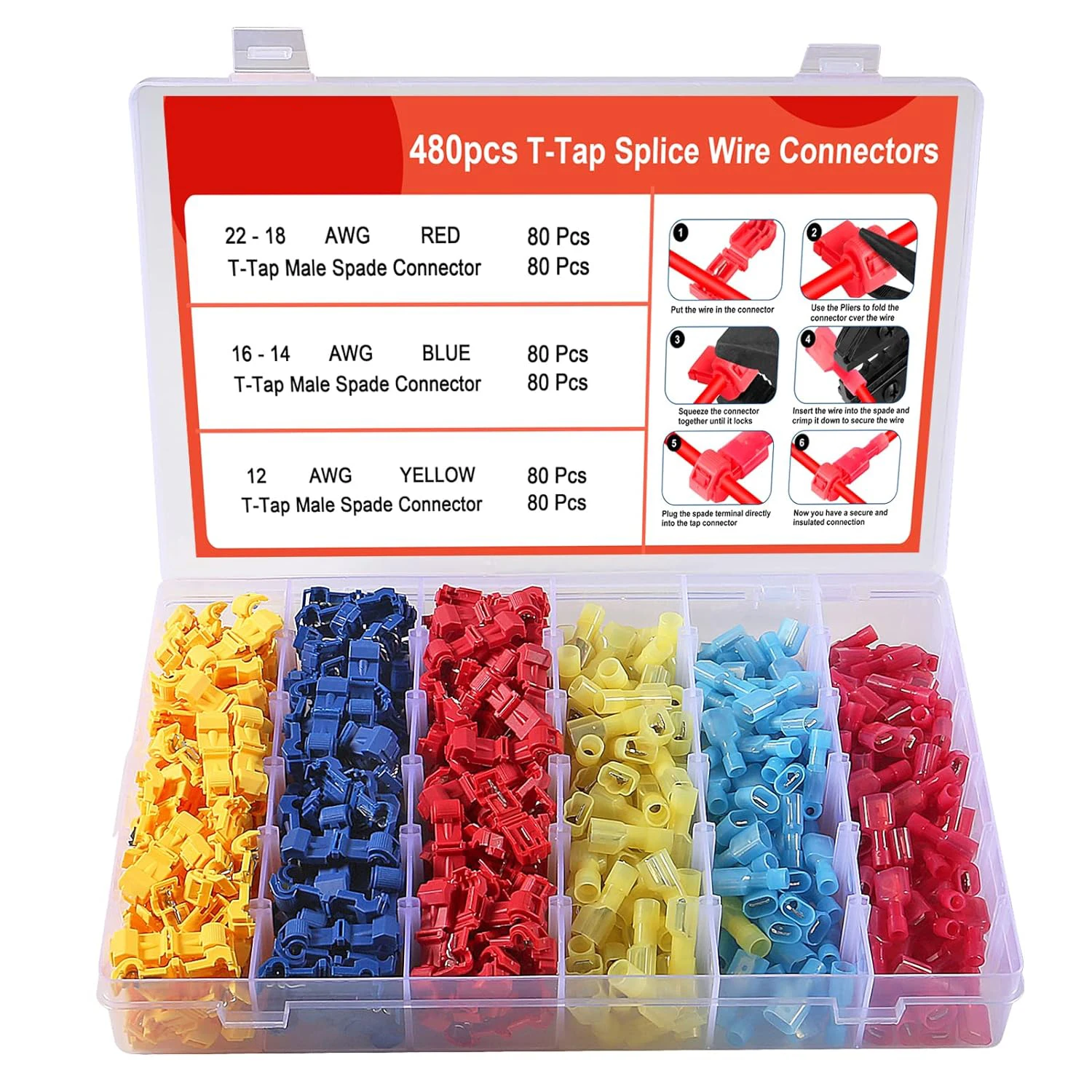 480Pcs T-Tap Wire Connectors, T-Tap Wire Terminals Self-Stripping Quick Splice Electrical Wire Terminals, Insulated Male Quick
480Pcs T-Tap Wire Connectors, T-Tap Wire Terminals Self-Stripping Quick Splice Electrical Wire Terminals, Insulated Male Quick