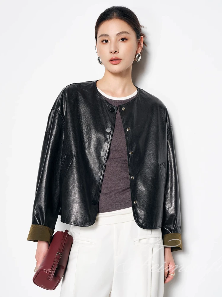 O-neck Casual Genuine Leather Jackets Women High-end Simple Double-sided Wear Loose Short Real Sheepskin Coat manteau cuir femme
O-neck Casual Genuine Leather Jackets Women High-end Simple Double-sided Wear Loose Short Real Sheepskin Coat manteau cuir femme