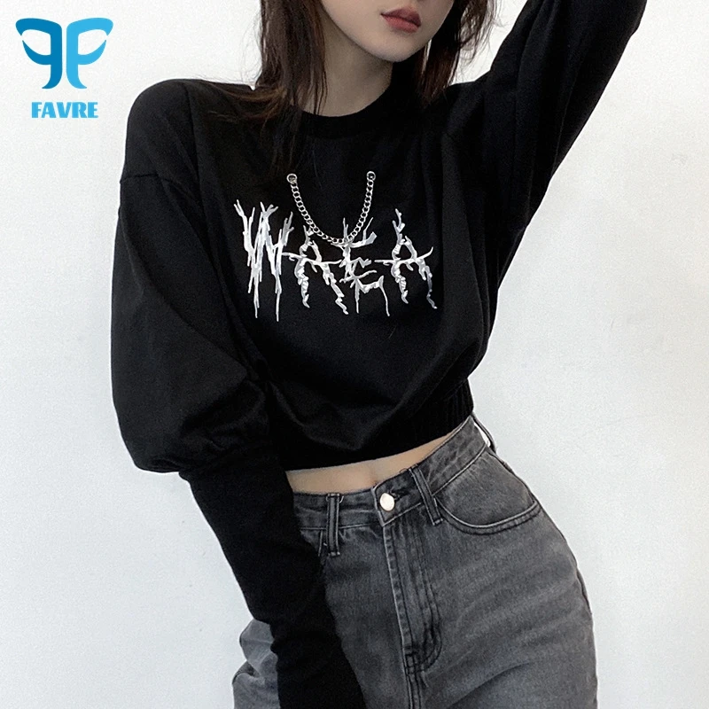 FAVRE Personality Print Sweatshirts Women Roundneck Metal Chain Pullovers Spring Autumn Europe and America Casual Waist Crop Top
FAVRE Personality Print Sweatshirts Women Roundneck Metal Chain Pullovers Spring Autumn Europe and America Casual Waist Crop Top