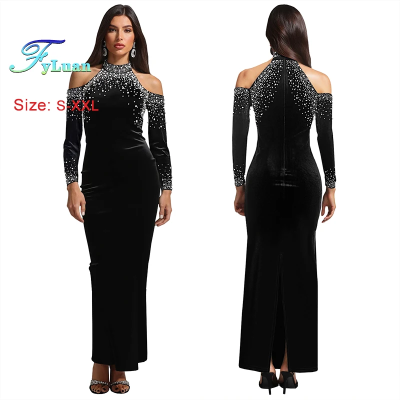 Fashion Women Dress Temperament Solid Color Hot Rhinestones Bubble Beads Decor Long Dress Sexy Off The Shoulder Long Sleeve Gown
Fashion Women Dress Temperament Solid Color Hot Rhinestones Bubble Beads Decor Long Dress Sexy Off The Shoulder Long Sleeve Gown