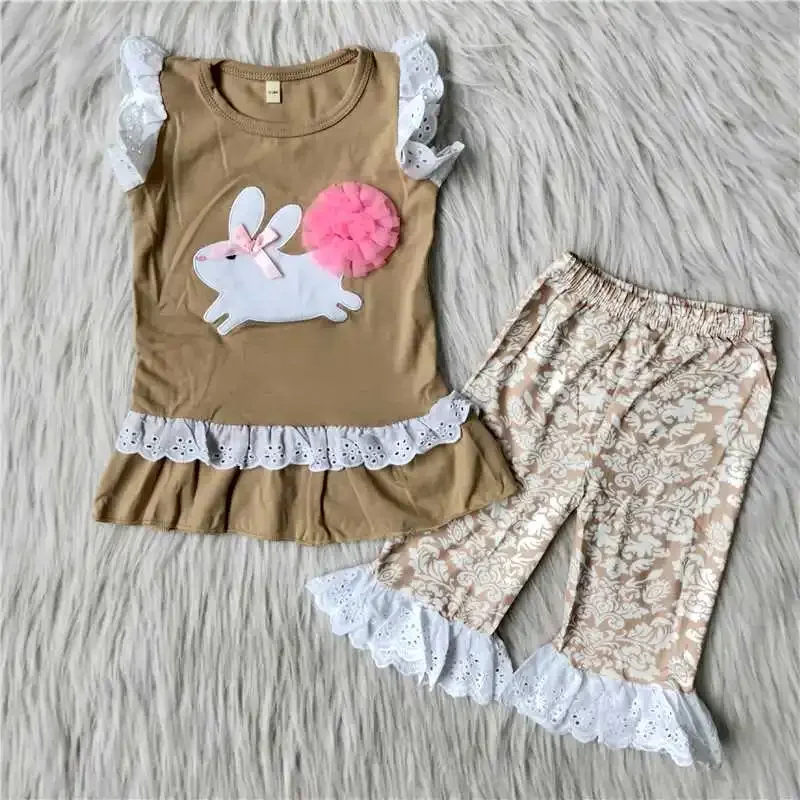 RTS Kids Clothing Girls Outfits Sets Brown Rabbit Print Design Short Sleeve Bell Bottoms Pants 2pcs Matching Hot Sale Clothes
RTS Kids Clothing Girls Outfits Sets Brown Rabbit Print Design Short Sleeve Bell Bottoms Pants 2pcs Matching Hot Sale Clothes
