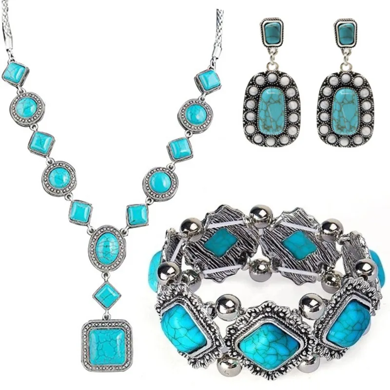 Vintage Turquoise Beaded Sweater Chain Jewelry Necklace Earrings Bracelet Jewelry Set 
Vintage Turquoise Beaded Sweater Chain Jewelry Necklace Earrings Bracelet Jewelry Set