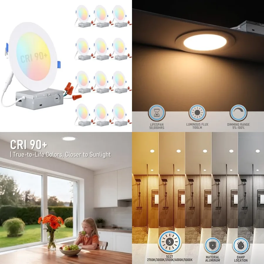 Basic Series 12-Pack Ultra-Thin LED Recessed Lighting with J Box, CRI90, Alumum, 2700K000K500K000K5000K, 5%-100% Dimmable Slim
Basic Series 12-Pack Ultra-Thin LED Recessed Lighting with J Box, CRI90, Alumum, 2700K000K500K000K5000K, 5%-100% Dimmable Slim