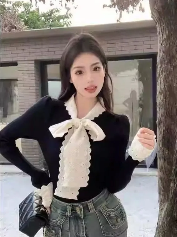 Sweet Style Long Sleeve Knitted Sweater Women's Knot Lace Trim Slim Fit Overhead Spring Autumn New Style Top
Sweet Style Long Sleeve Knitted Sweater Women's Knot Lace Trim Slim Fit Overhead Spring Autumn New Style Top