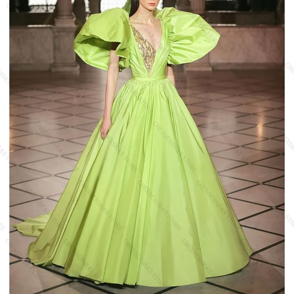 Fresh Green V Neck A-Line Puffy Sleeves Evening Dress Chic Prom Gown Robes De Soirée Customized Dresses
Fresh Green V Neck A-Line Puffy Sleeves Evening Dress Chic Prom Gown Robes De Soirée Customized Dresses