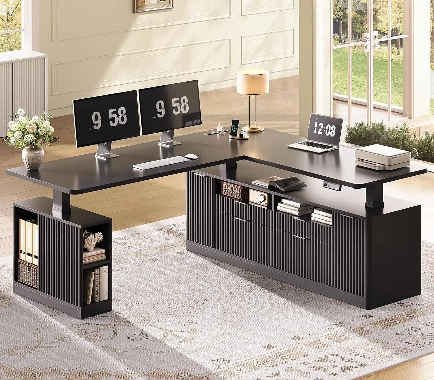 L Shaped Electric Standing Desk 69x55 Inch Height Adjustable Desk 4 Shelves Fluted Desk Power Outlet Home Office, Customized
L Shaped Electric Standing Desk 69x55 Inch Height Adjustable Desk 4 Shelves Fluted Desk Power Outlet Home Office, Customized
