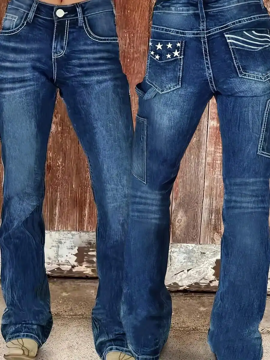 Plus Size Women High Waist Bootcut Jeans Vintage Medium Blue Washed Denim With Star Embroidery Contrast Stitching
Plus Size Women High Waist Bootcut Jeans Vintage Medium Blue Washed Denim With Star Embroidery Contrast Stitching