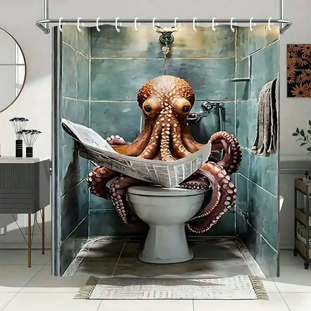 1pc Octopus Bathroom Reading Shower Curtain - Sitting On Open Toilet Seat, Reading Newspaper, Blue Tiles And Walls, Hyper-Realistic Photography, Detailed Scene, Polyester Material, Machine Washable, Easy Installation, Durable Fabric
1pc Octopus Bathroom Reading Shower Curtain - Sitting On Open Toilet Seat, Reading Newspaper, Blue Tiles And Walls, Hyper-Realistic Photography, Detailed Scene, Polyester Material, Machine Washable, Easy Installation, Durable Fabric